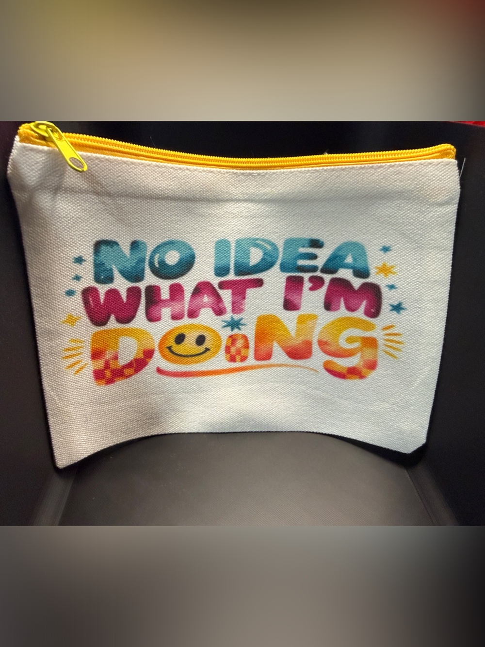NEW White Canvas Zip Pouch with Colorful 'No Idea What I'm Doing' Print